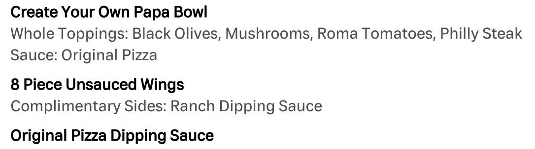 Papa Johns online order screenshot